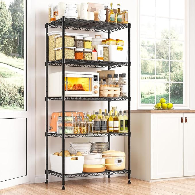 REIBII 5 Tier Storage Shelves Adjustable Wire Rack Shelving, Kitchen Shelves - Image 2