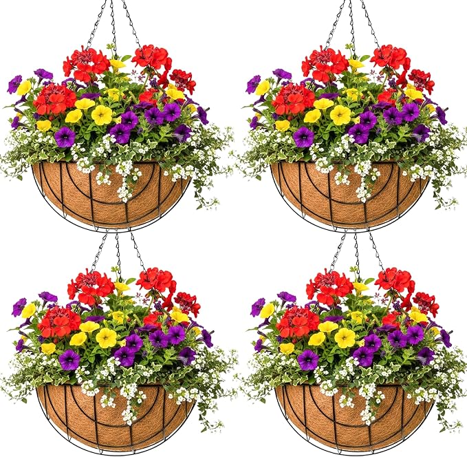 14 inch Metal Hanging Baskets For Plants Outdoor 4 Pack Round Metal Wire by JFFLYIT