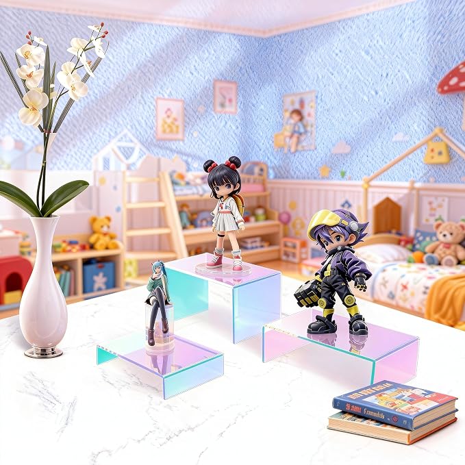 4 Sets 12 Pieces Iridescent Acrylic Display Risers, Stackable 3-Tier Showcase - Image 6