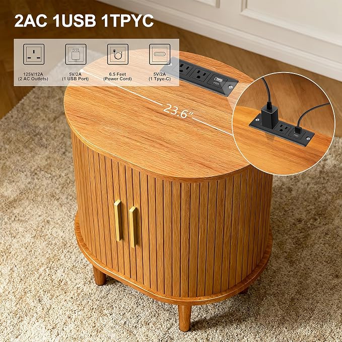 Nightstands Set of 2 & Charging Station, Fluted Accent Side Table - Image 6