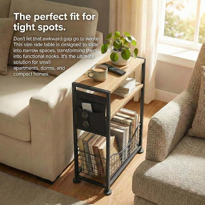Skinny Side Table with Storage, 3 Tier Slim Side Tables - Image 4