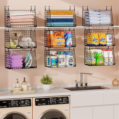 Sonyabecca 3-Pack Hanging Laundry Baskets, Foldable Metal Wire Shelves - Image 5