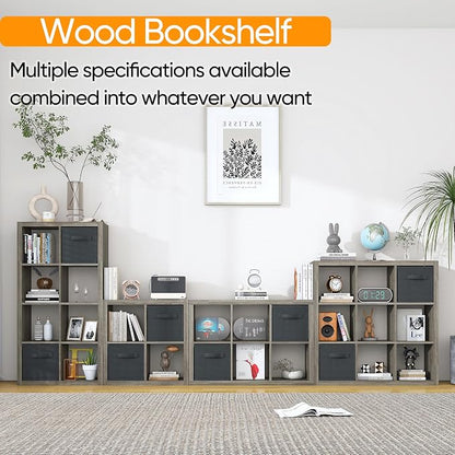 Bookshelf with Storage Bins, 8-Cube Storage Organizer, Modern Wood Open Bookcase - Image 4