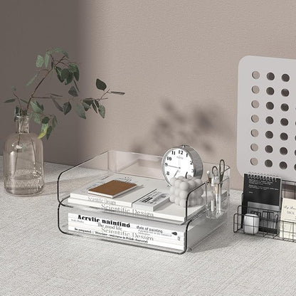 2-Tier Office Organizer with Pen Holder, Stackable Paper Tray - Image 4
