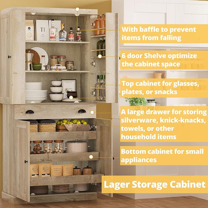 IRONCK Kitchen Pantry Cabinet 72" Height, Freestanding Cupboard - Image 4