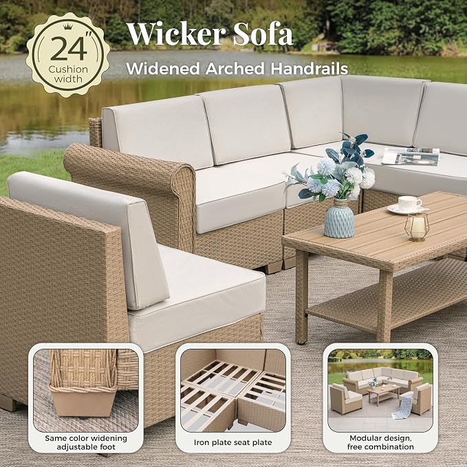 Patio Furniture Set, 8 Piece Outdoor Rattan Wicker Sectional Conversation Set - Image 7