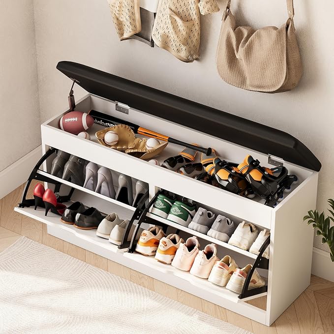 40" Shoe Storage Bench with 2 Flip Drawers & Padded Seat Cushion, Shoe Cabinet - Image 8