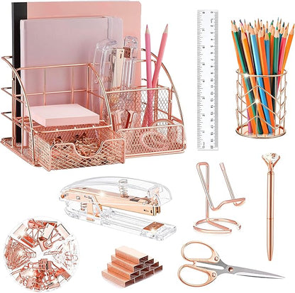 KAAKOW Rose Gold Desk Organizers and Accessories Office Supplies Set Stapler by KAAKOW