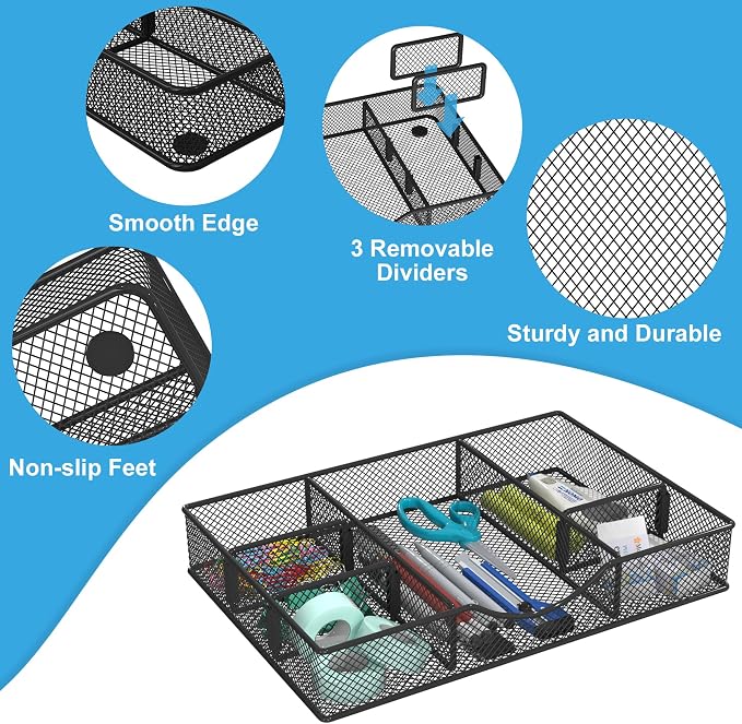 Desk Drawer Organizer Tray, Metal Mesh Drawer Organizers Office, 6 Adjustable - Image 4