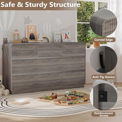 Dresser for Bedroom with 9 Drawers, Fluted Chest of Drawers with Round Curved - Image 4