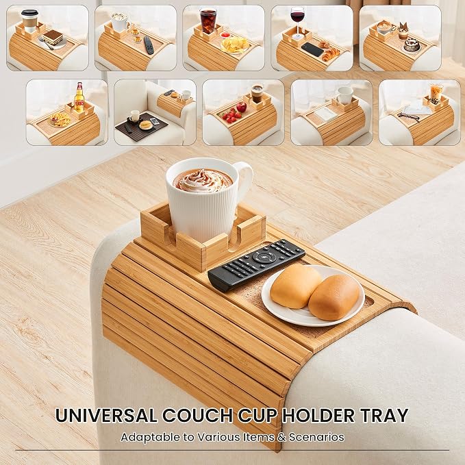 Bamboo Couch Cup Holder, Foldable Sofa Arm Tray, Anti-Slip Couch Aremrest Tray - Image 4