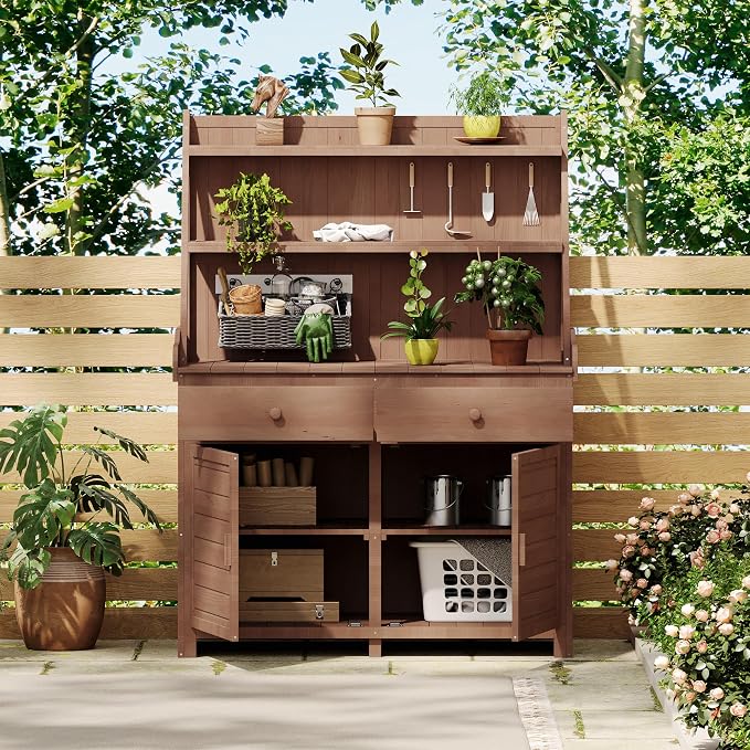Merax Potting Bench Table with Cabinet and Open Shelves, Garden Potting Bench by Merax