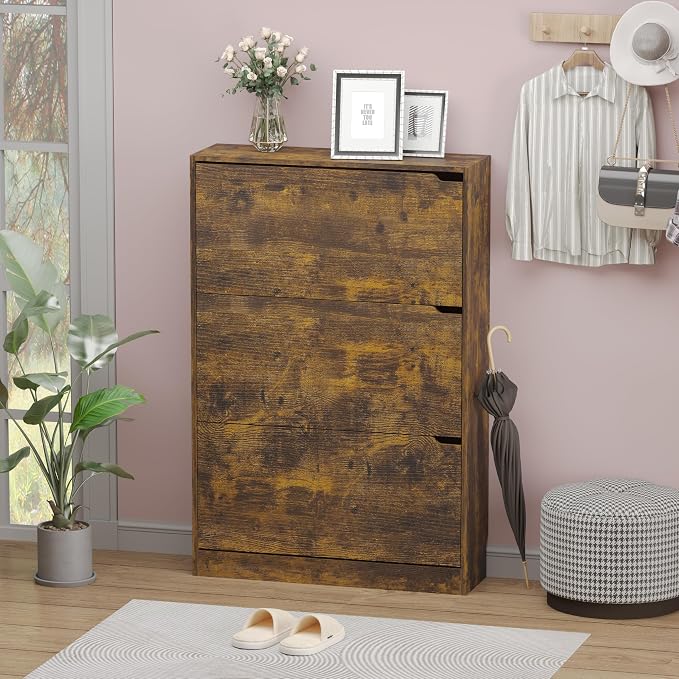 BORNOON Shoe Cabinet with 3 Flip Drawers, Hidden Wood Shoe Cabinet, - Image 3