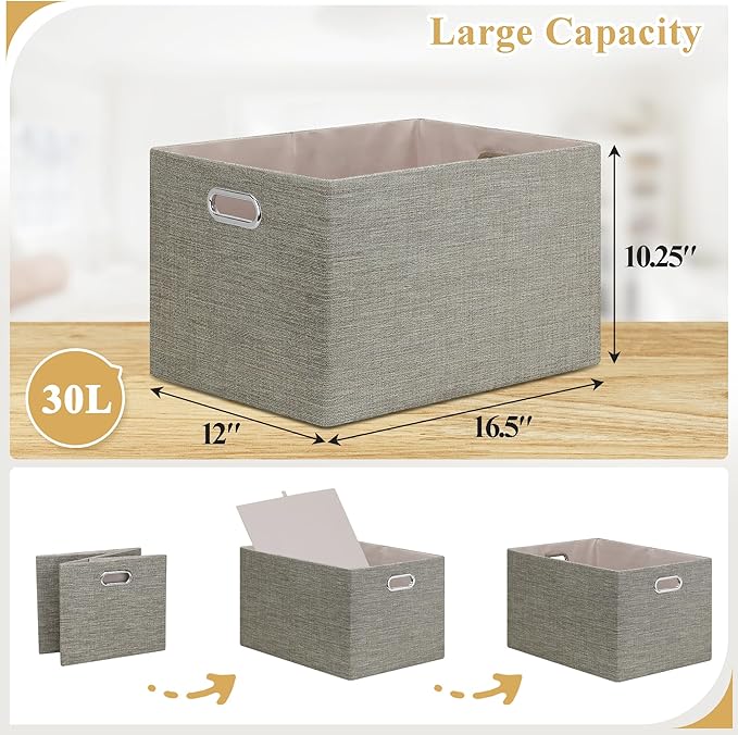 Posprica Closet Storage Bins, 4 Pack Large Closet Shelf Organizers, Linen - Image 3