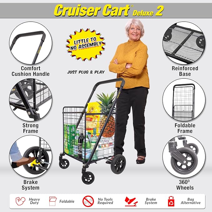 dbest products Cruiser Cart Deluxe 2 Shopping Grocery Rolling Folding Laundry - Image 2