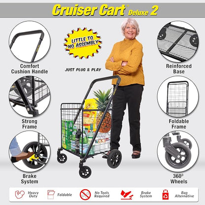 dbest products Cruiser Cart Deluxe 2 Shopping Grocery Rolling Folding Laundry - Image 2