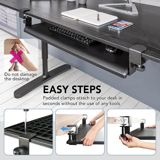 EHO Under Desk Keyboard Tray, Large 27.5" x 12.2" Slide-Out Clamp-On Drawer - Image 5