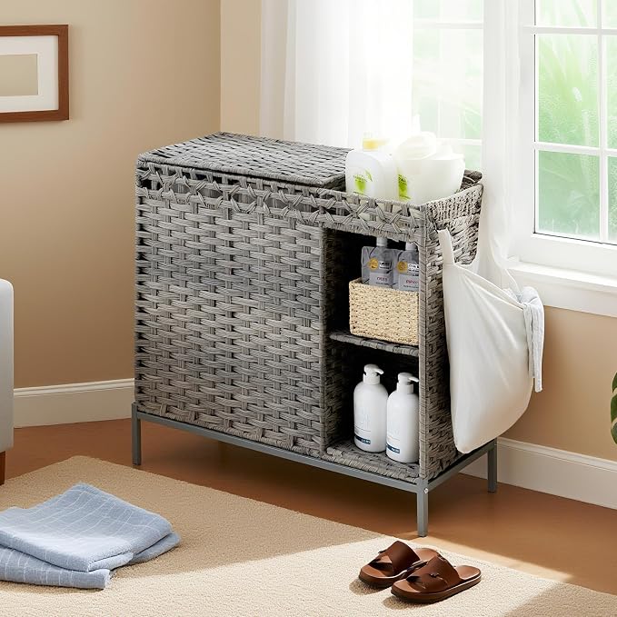 Laundry Hamper with Lid, 110L Rattan Laundry Hamper 2 Section with 50L Storage - Image 9