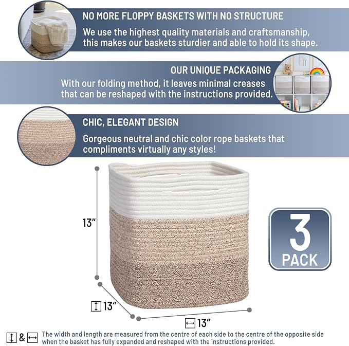 NaturalCozy 13 Inch Cube Storage Bins Cotton Rope Woven Baskets - Image 2