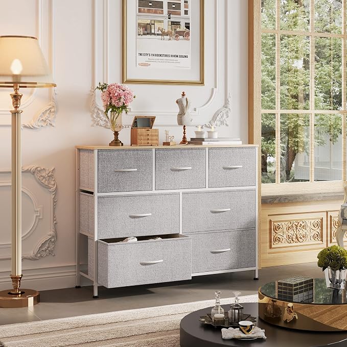 WLIVE Dresser for Bedroom, 7 Drawers, TV Stand, Light Grey | 7 roomy fabric - Image 2