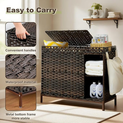 Laundry Hamper with Lid, 130L Rattan Laundry Hamper 3 Section with 50L Storage - Image 6