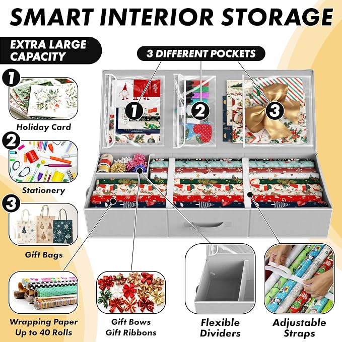 Simple Houseware 41.5" Wrapping Paper Organizer, Fits 40 Rolls, Interior Divider - Image 4