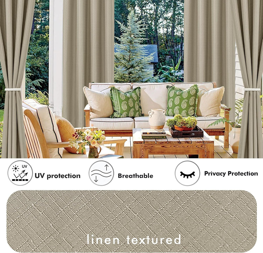HolidayIdeas 2 Panels Linen Outdoor Curtains for Patio Waterproof Taupe Curtains 54"x 95"-Outside Curtains Weatherproof, Privacy, Textured for Pergola, Porch, Cabana, Gazebo
