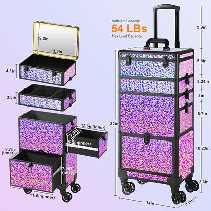 Rolling Makeup Case with Lighted Mirror, Makeup Train Case with Large Drawer - Image 5