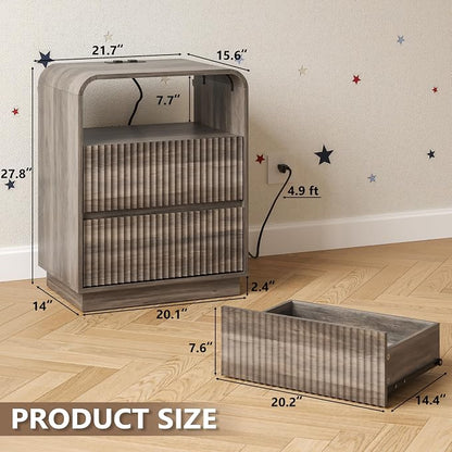 Dresser with 2 Drawers and Charging Station, Fluted Bedside Table with Round - Image 2