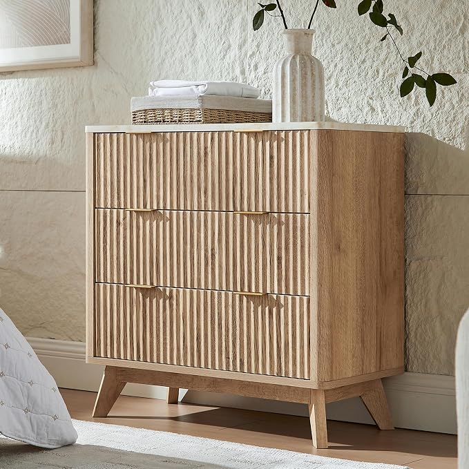 T4TREAM Fluted 3 Drawer Dresser, Curved Profile Design, Wood Drawer Organizer by T4TREAMFurniture