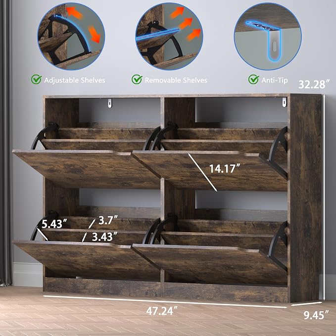 BORNOON Shoe Cabinet with 4 Flip Drawers, Narrow Hidden Shoe Storage Cabinet - Image 2