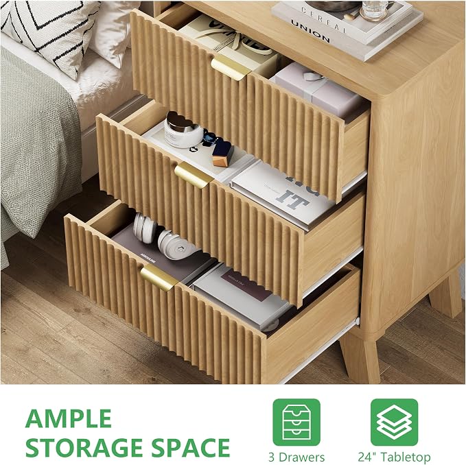 Fluted Nightstand with 3 Storage Drawers, Mid Century Modern Wooden Side Table - Image 4
