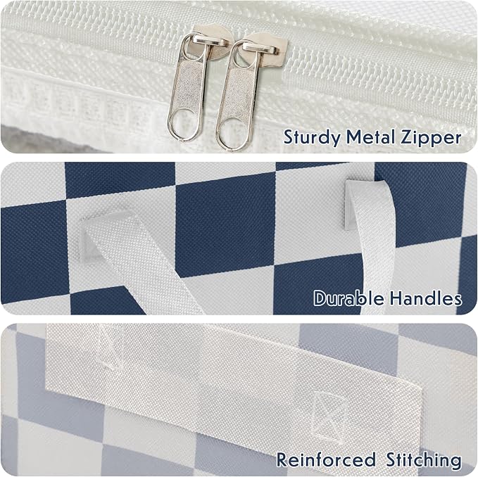 Navy Blue Checkered Clothes Storage Bins, 100L Large Blanket Storage Bags 3 Pack - Image 6