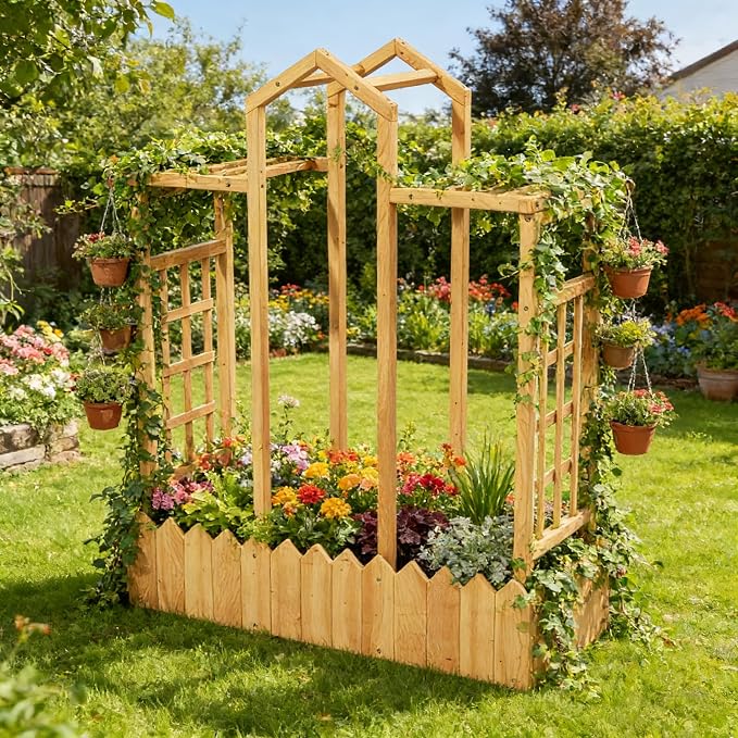 Raised Garden Beds with Arch Trellis Outdoor, Wooden Planter Boxes with Hanging - Image 2
