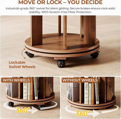 5-Tier Rotating Bookshelf on Wheels, 360° Spinning Bookshelf Tower, Round - Image 4