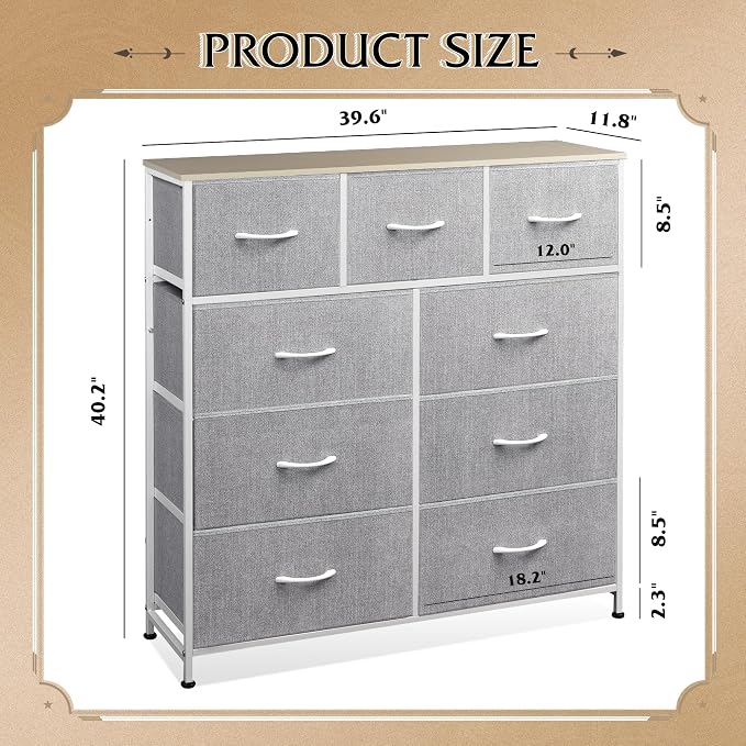 WLIVE Tall Dresser for Bedroom, 9 Drawer Chest of Drawers, Light Grey | 9 roomy - Image 3