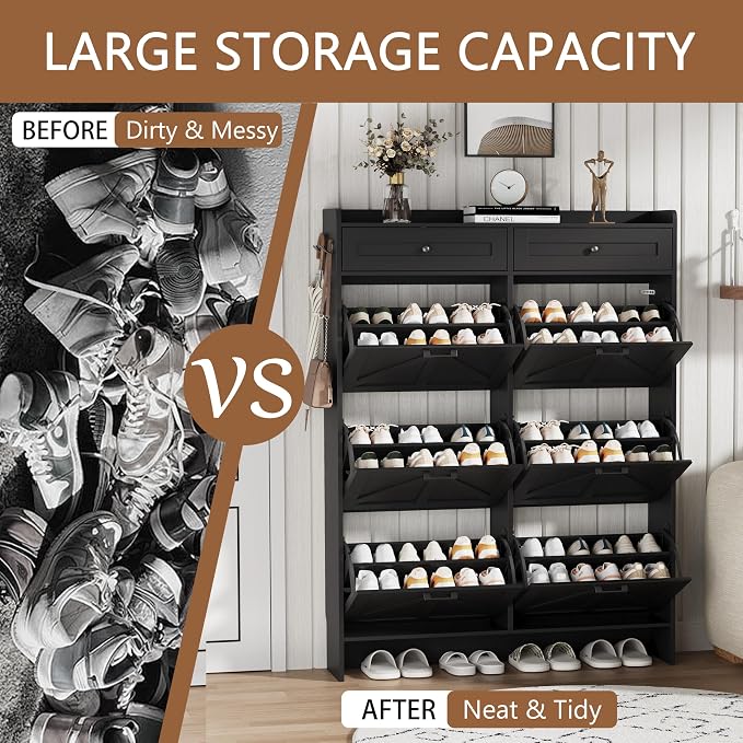 Shoe Cabinet with 6 Flip Drawers & 2 Top Drawers, Hidden Slim Shoe Rack - Image 7