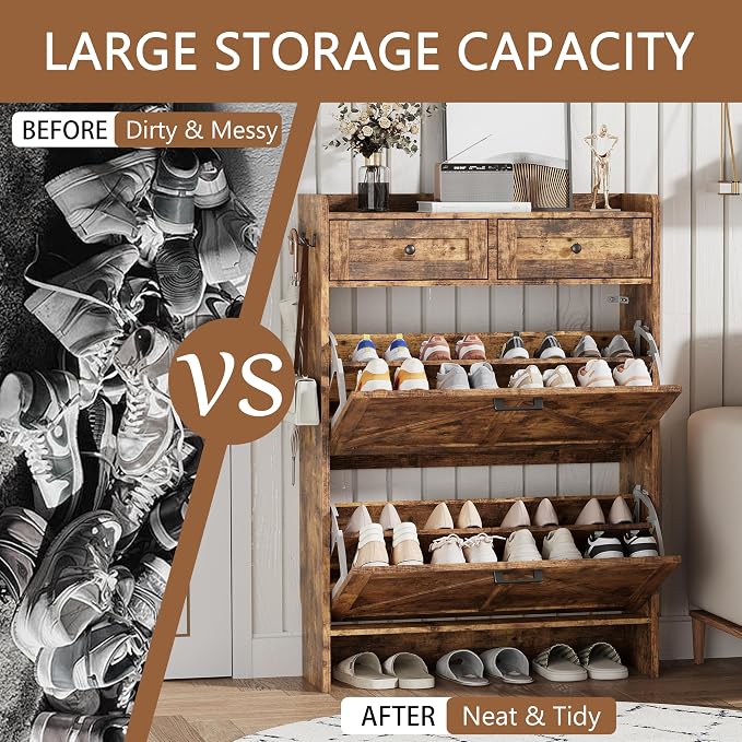 Shoe Cabinet with 2 Flip Drawers & 2 Top Drawers, Hidden Slim Shoe Rack - Image 7