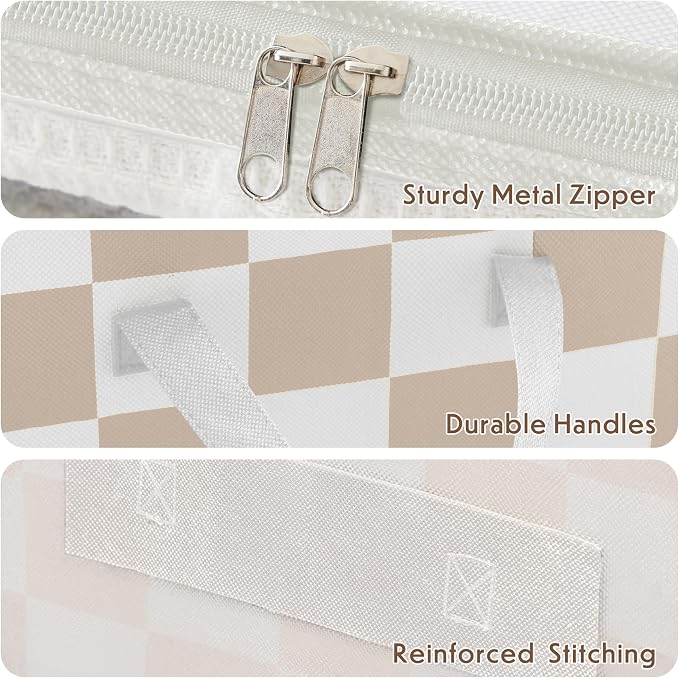 Beige Checkered Clothes Storage Bins, 100L Large Blanket Storage Bags 3 Pack - Image 6