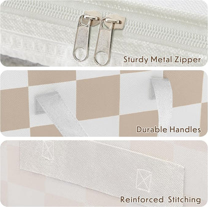 Beige Checkered Clothes Storage Bins, 100L Large Blanket Storage Bags 3 Pack - Image 6