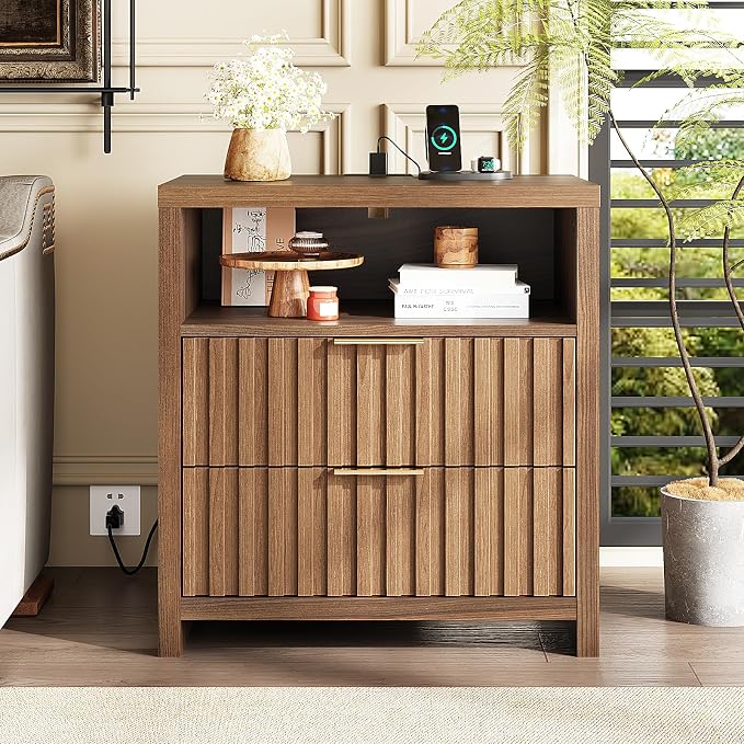 VINGLI Fluted Nightstand with Charging Station, 23.6" W Mid Century Modern - Image 8