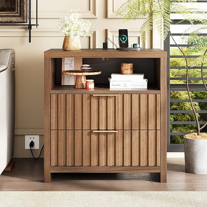VINGLI Fluted Nightstand with Charging Station, 23.6" W Mid Century Modern - Image 8