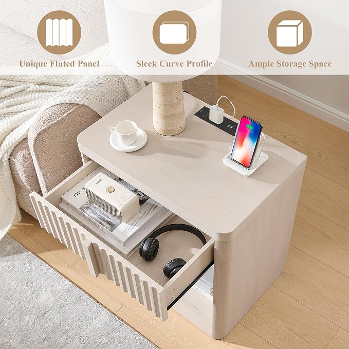 Fluted Nightstand with Charging Station, 23.6" End Table with Open Shelf and - Image 3