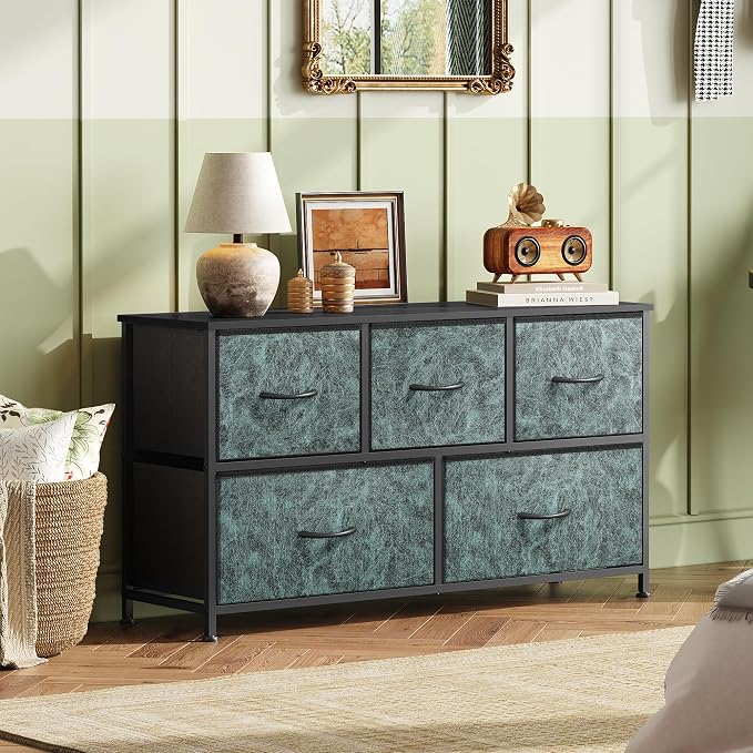 WLIVE Wide Dresser for Bedroom, 5 Drawer Chest of Drawers, Vintage Green | 5 - Image 8