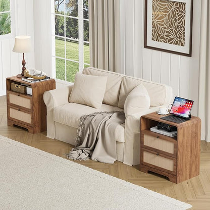 Set of 2 Night Stand with Charging Station, 19.7" Wooden Side Table Curved - Image 5