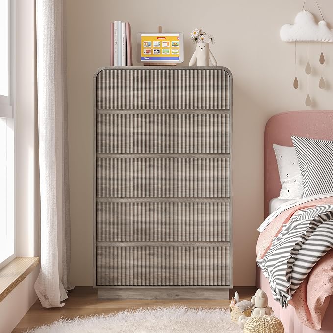 Tall Dresser for Bedroom with 5 Drawers, Fluted Chest of Drawers with Round - Image 7