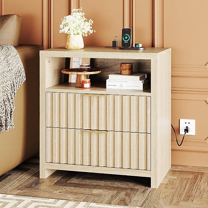VINGLI Fluted Nightstand with Charging Station, 23.6" W Mid Century Modern - Image 8