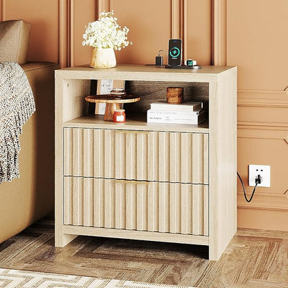 VINGLI Fluted Nightstand with Charging Station, 23.6" W Mid Century Modern - Image 8