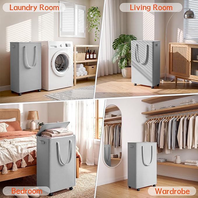 Slim Laundry Hamper with Wheels, 20 Gal Rolling Laundry Basket with lid and - Image 5
