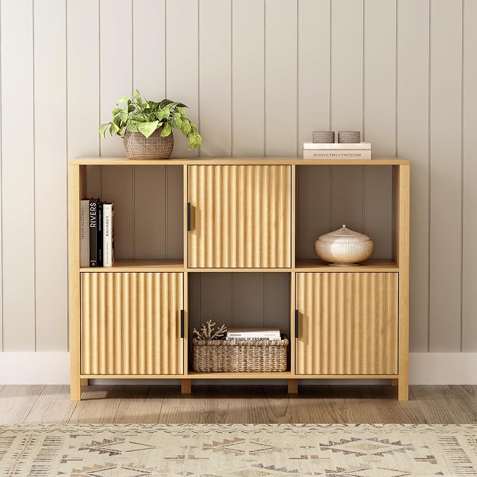 Fluted Storage Bookshelf, Modern Wooden 6 Cube Bookcase by MoomJiee
